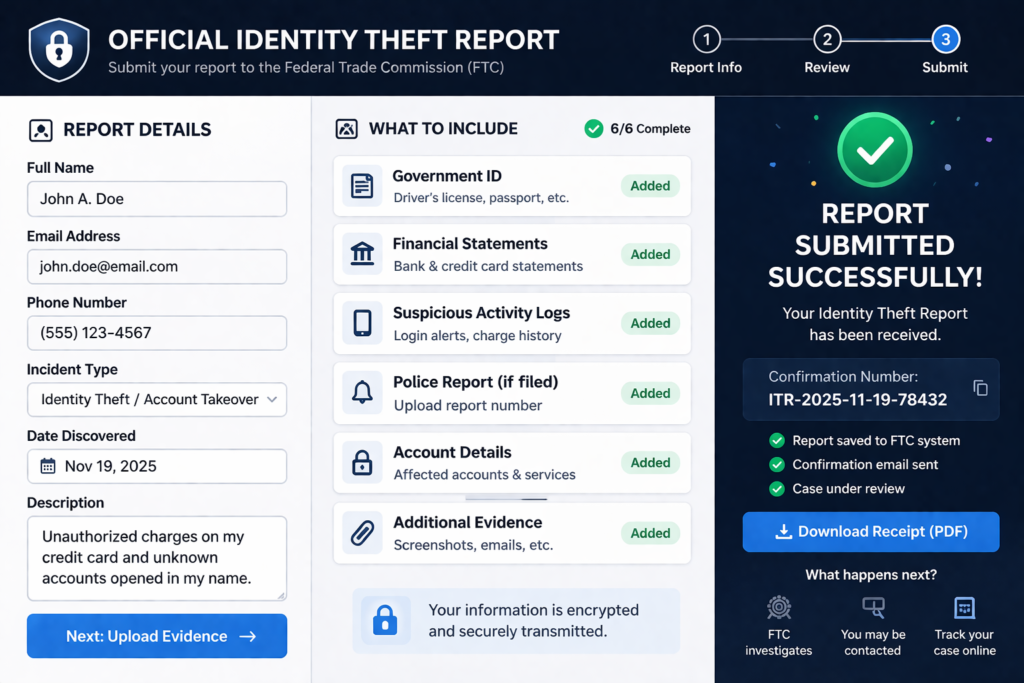 Cybersecurity Tips Everyone Should Know: Identity theft report submission interface