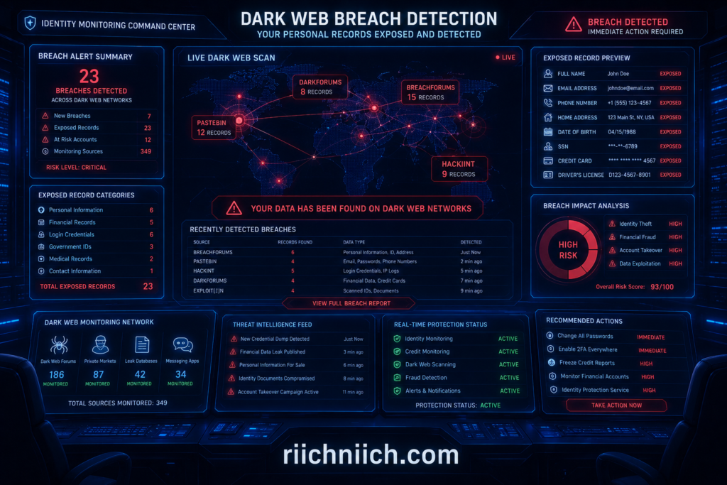 check if your information is on the dark web: Dark web breach detection interface