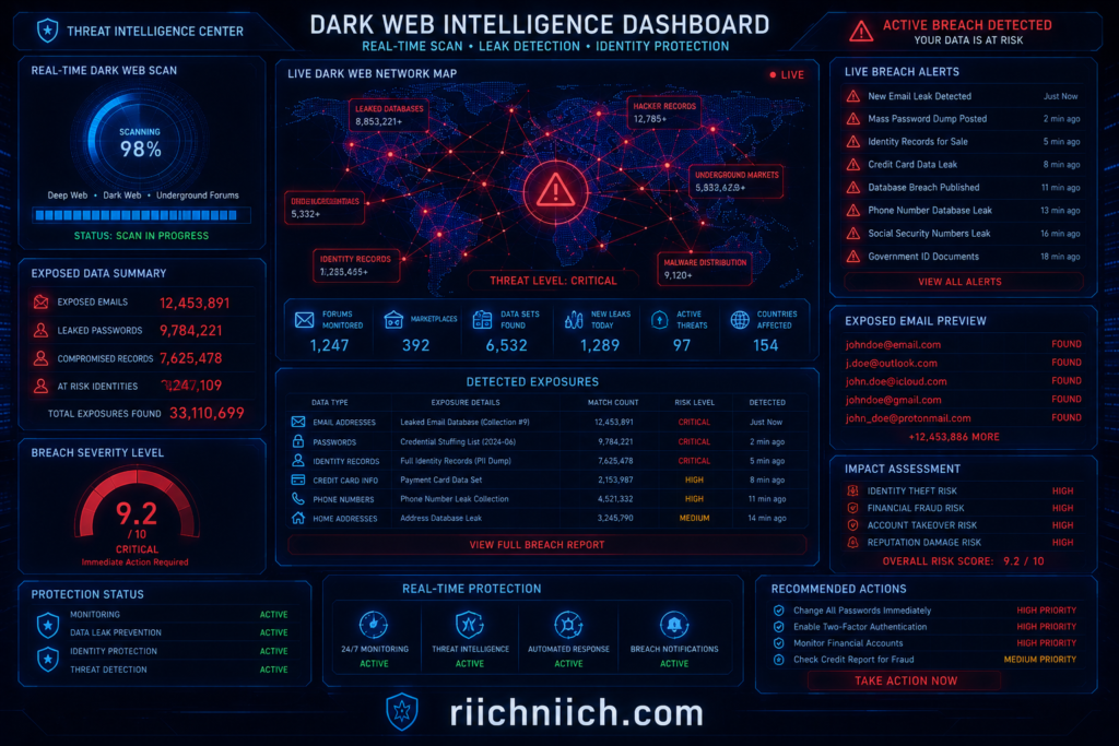 check if your information is on the dark web: Dark web intelligence dashboard overview