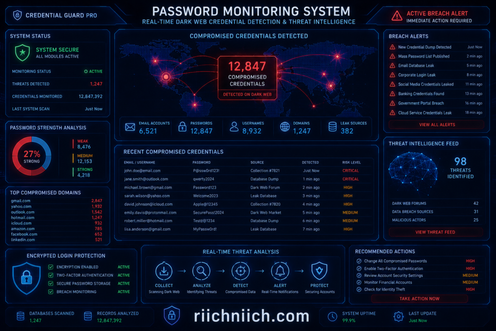 check if your information is on the dark web,: Cyber security breach monitoring dashboard