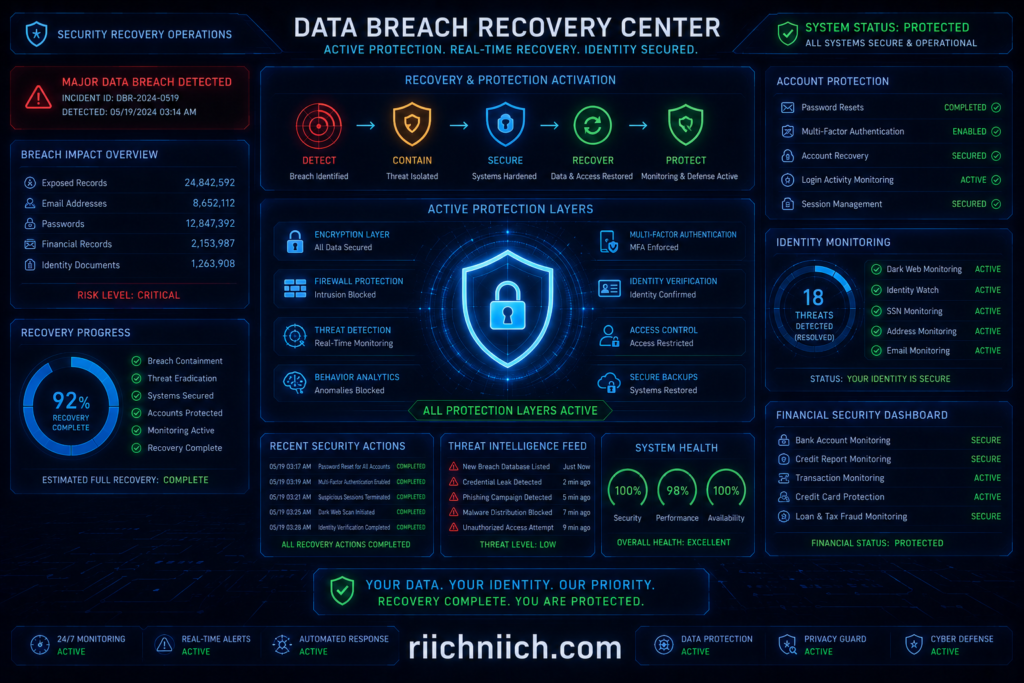 check if your information is on the dark web: Data breach recovery dashboard interface