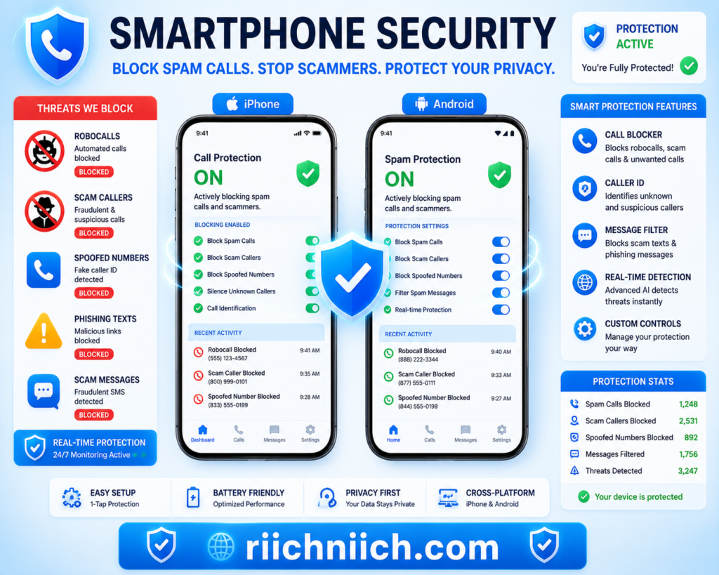 how to stop spam calls and scam messages: Smartphone security app promo design