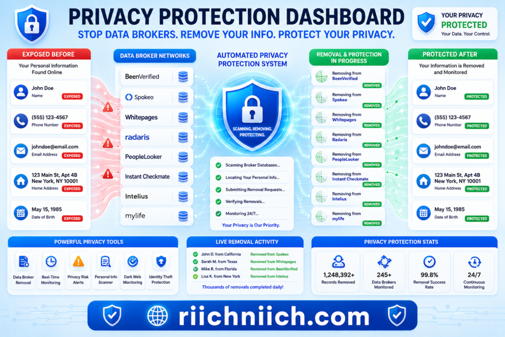 how to stop spam calls and scam messages: Privacy protection system dashboard infographic