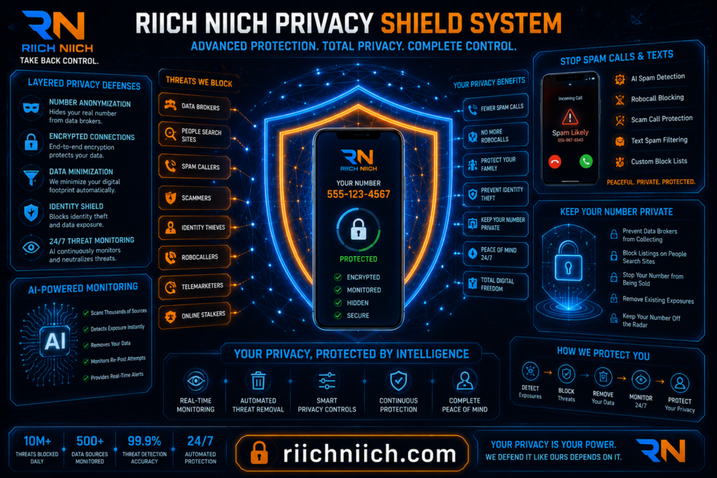how to remove your phone number from data broker sites: Riich Niich privacy shield UI design