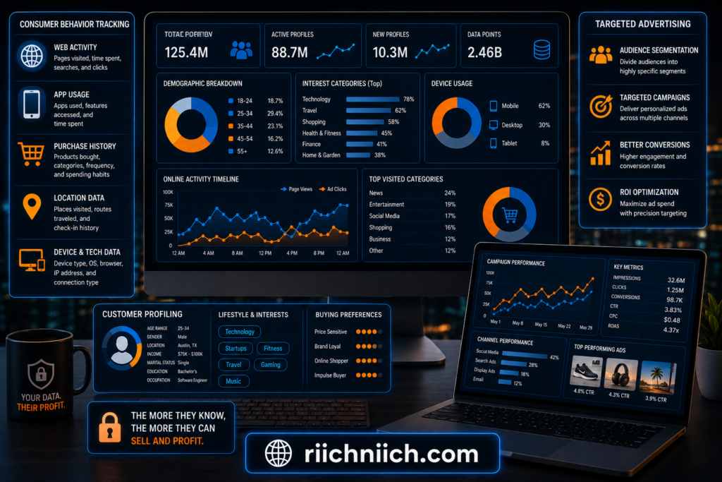 how data brokers get your information: Analytics dashboard with targeted advertising