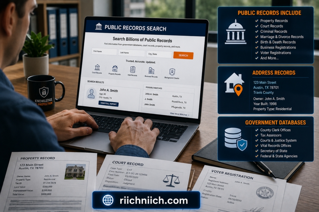 how data brokers get your information: Modern office desk with public records search
