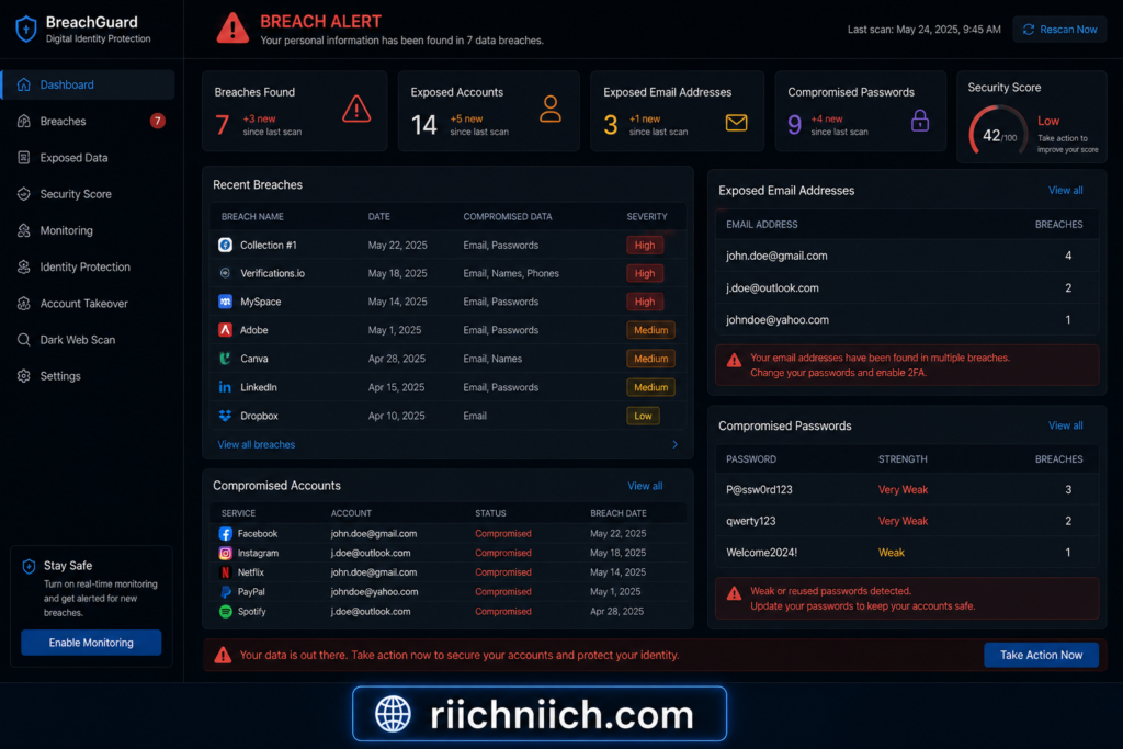 how data brokers get your information: BreachGuard dashboard: breach alert overview