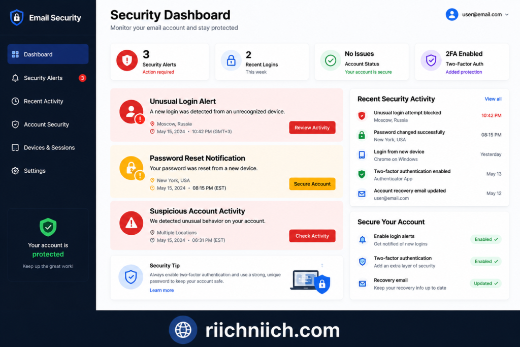 how to protect your email from hackers: Email security dashboard interface design
