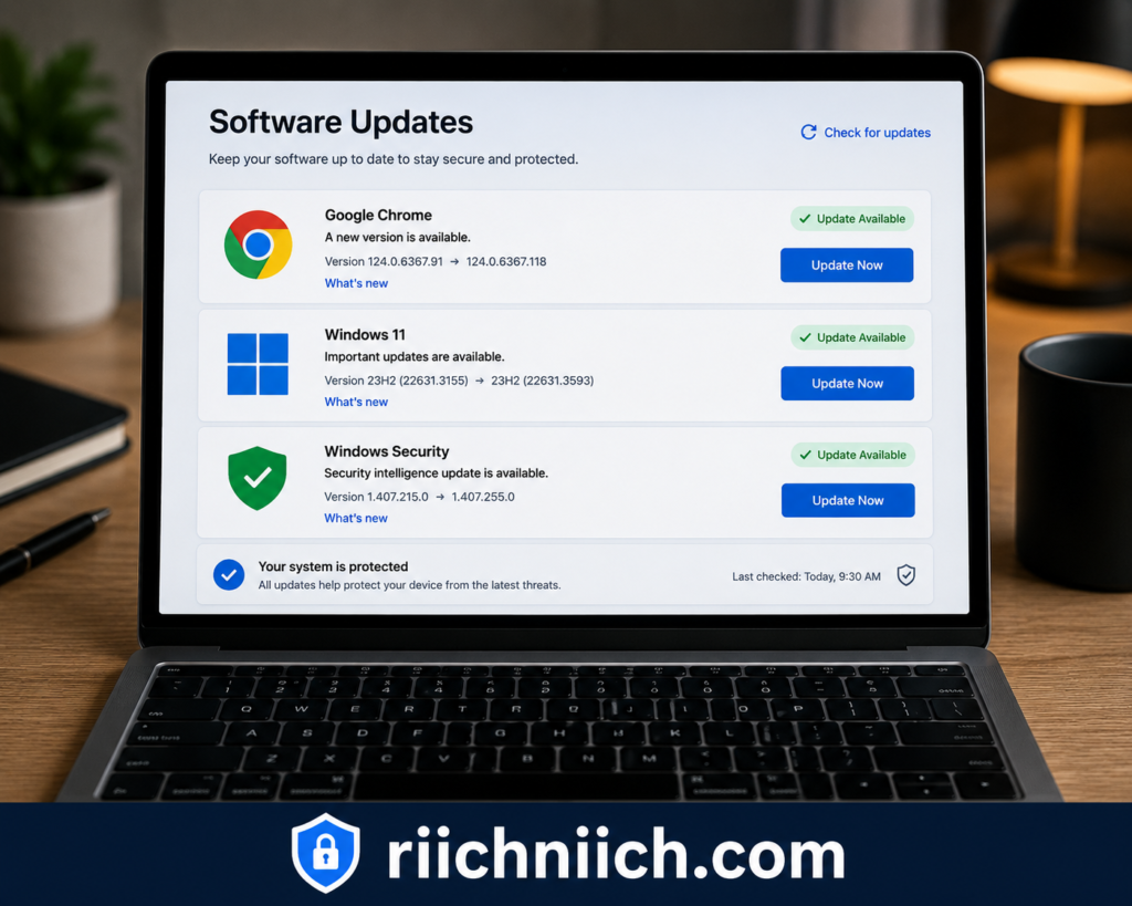 how to protect your email from hackers: Software updates in a cozy workspace