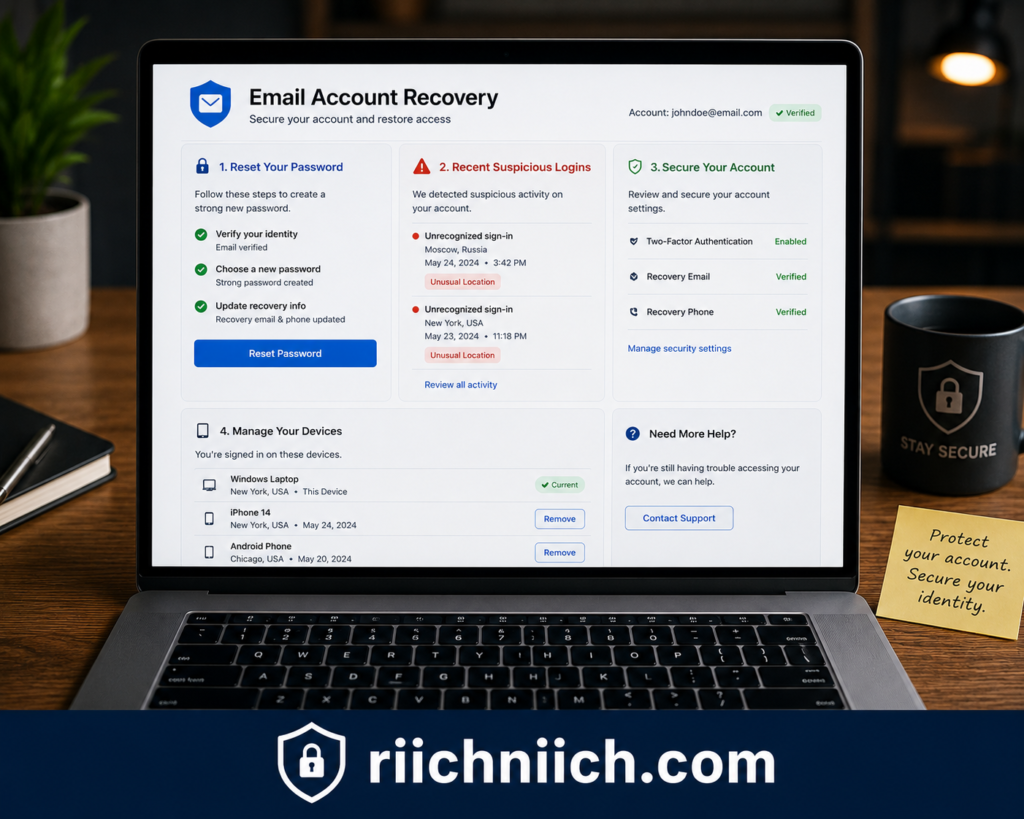how to protect your email from hackers: Email account recovery on a modern desk