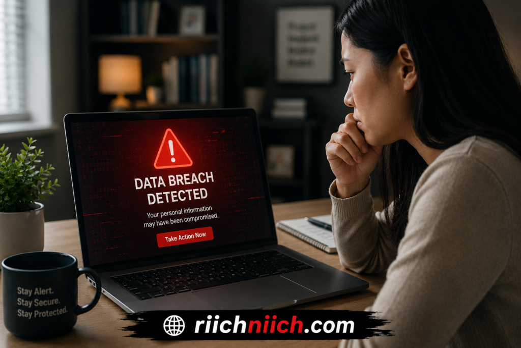 what happens after a data breach: Cybersecurity breach alert in home office