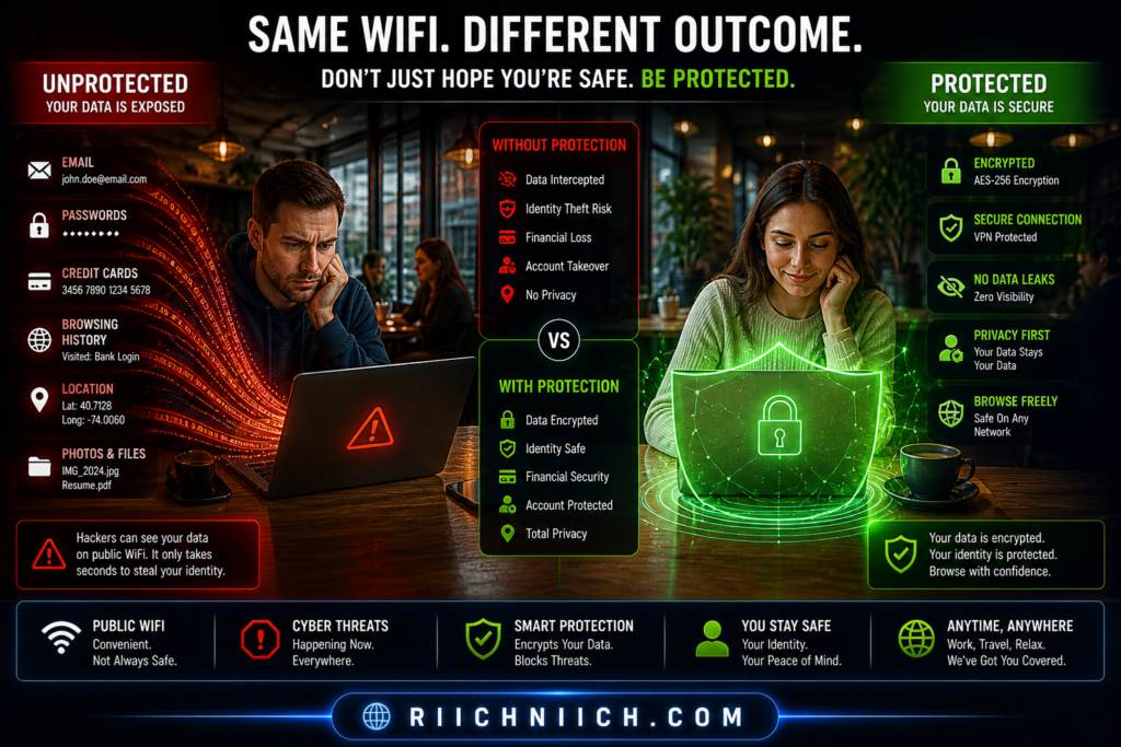 how to protect yourself from identity theft: Cybersecurity in a café: unprotected vs protected