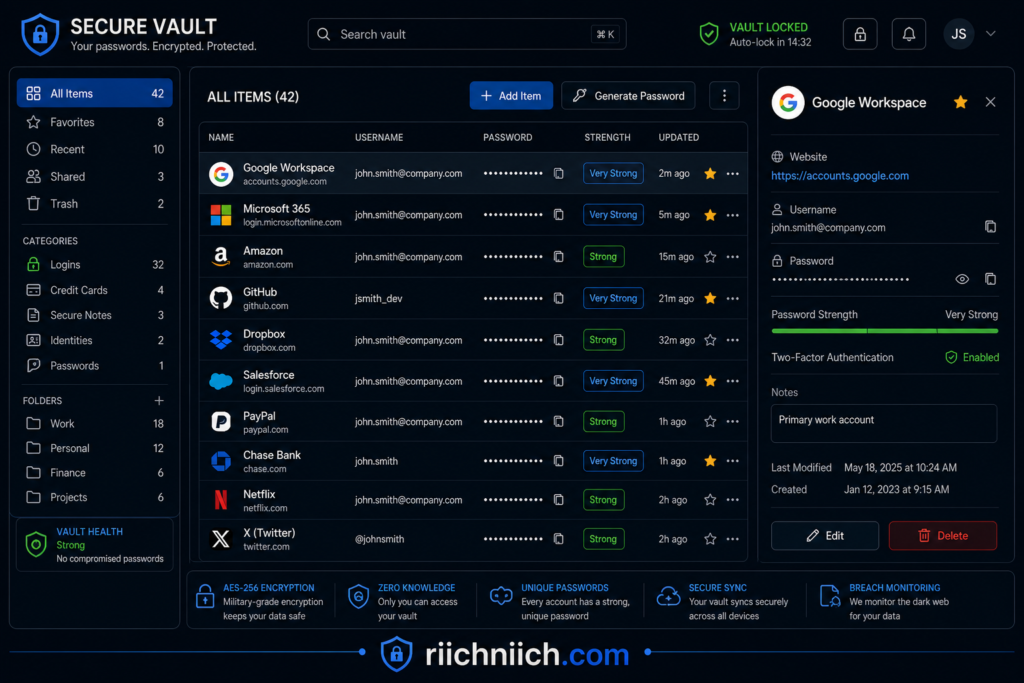 why insider threats are more dangerous than hackers: Secure password vault dashboard UI