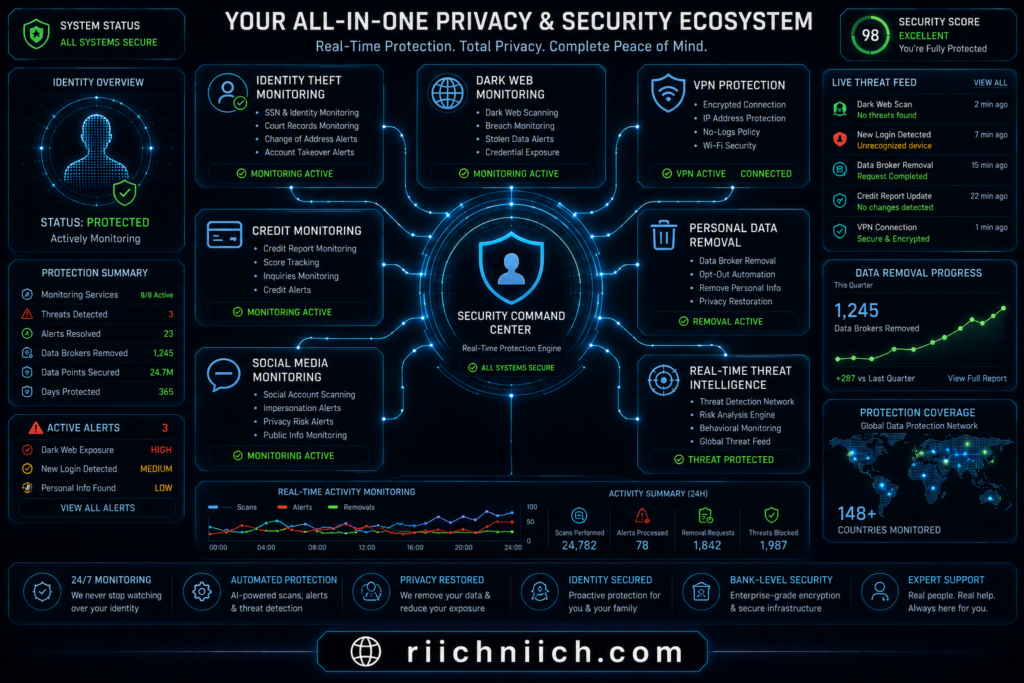 best data removal services: Futuristic cybersecurity command center interface