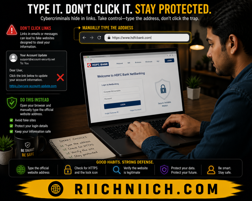 how phishing scams work: Stay safe online: type it, don't click