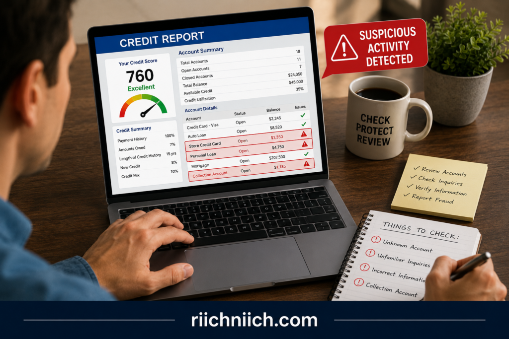how to check your credit report for signs of identity theft: Checking credit report at the desk