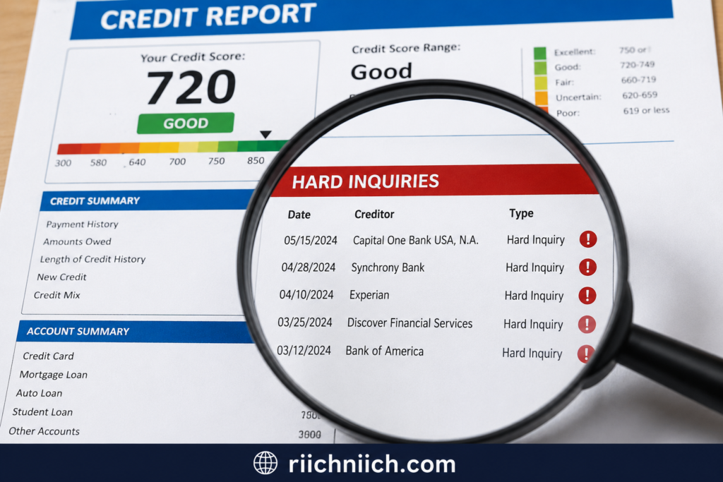 how to check your credit report for signs of identity theft: Credit report with hard inquiries highlighted