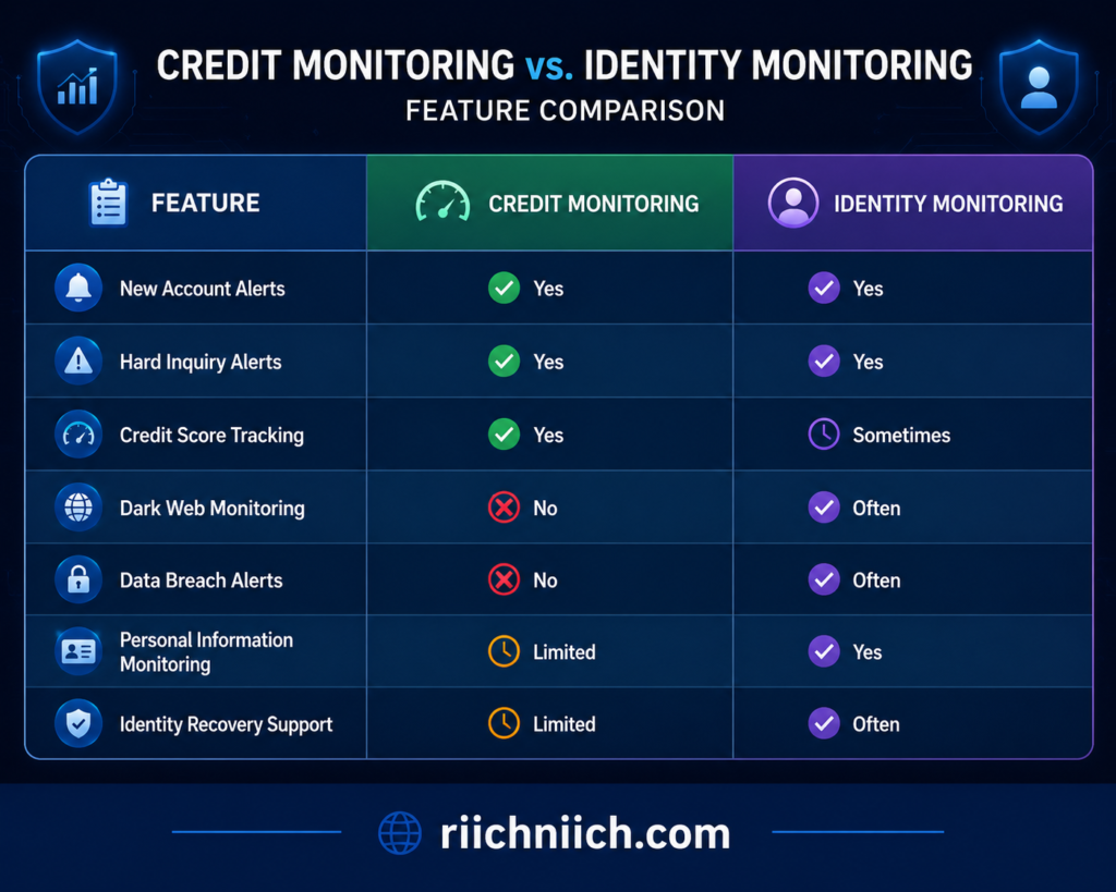 how to check your credit report for signs of identity theft: Credit vs. identity monitoring comparison