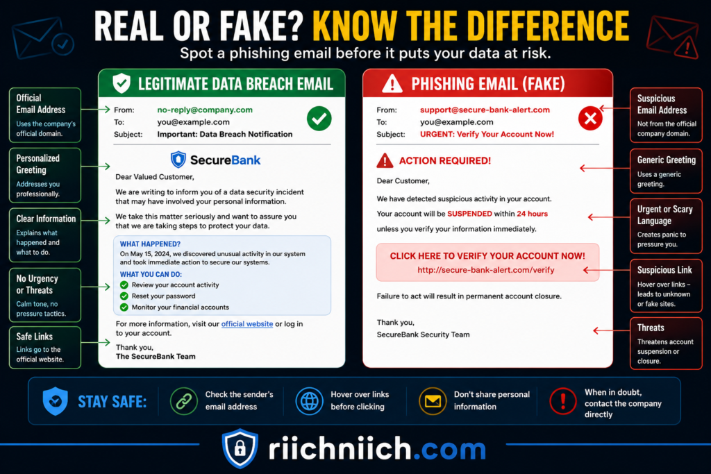 what to do after a data breach: Real vs phishing email comparison