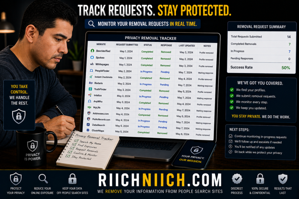 how to remove yourself from people search sites: Privacy removal tracking dashboard workspace