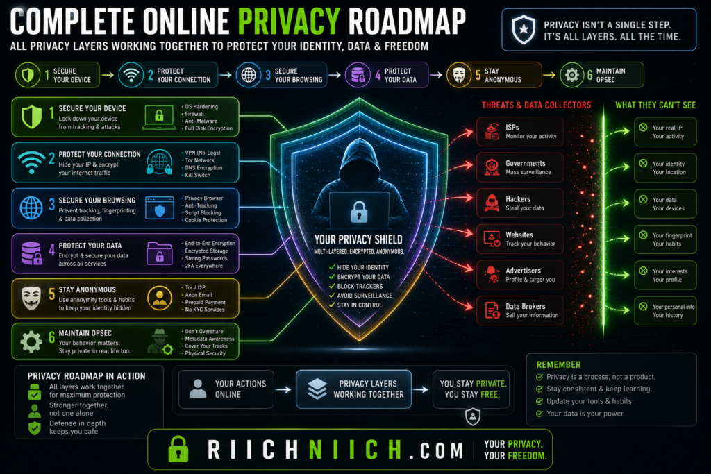 how to stay anonymous online: Complete online privacy roadmap infographic