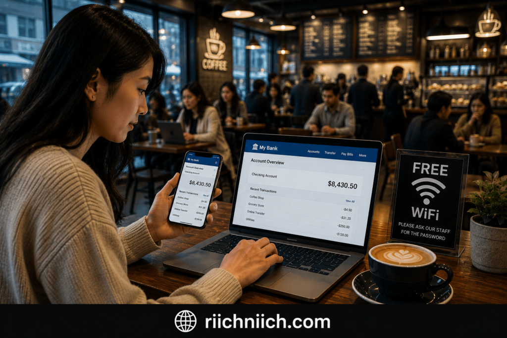 Is public WiFi safe for banking: Working in a cozy café workspace