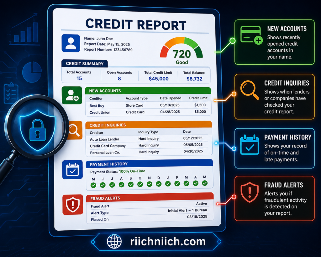 identity monitoring vs credit monitoring: Credit report dashboard infographic illustration