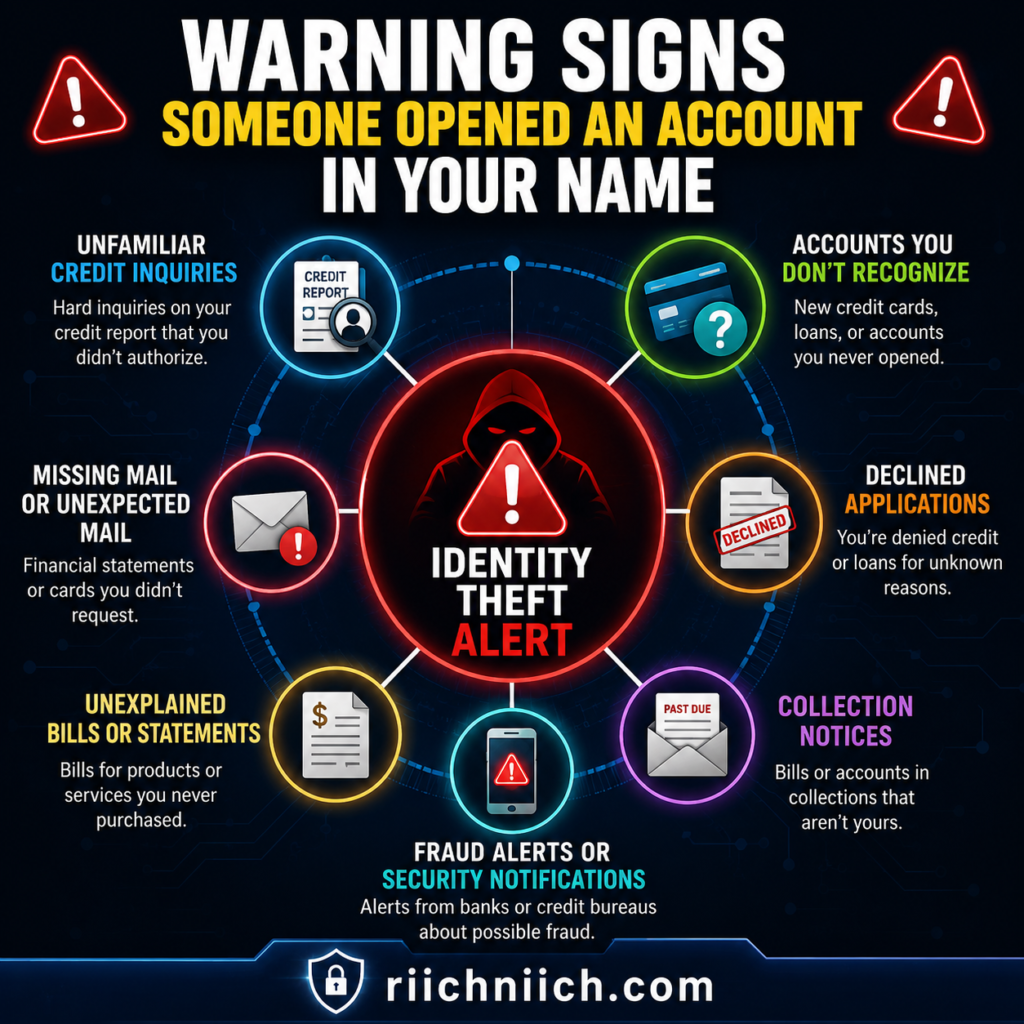how to tell if someone opened an account in your name: Identity theft warning infographic
