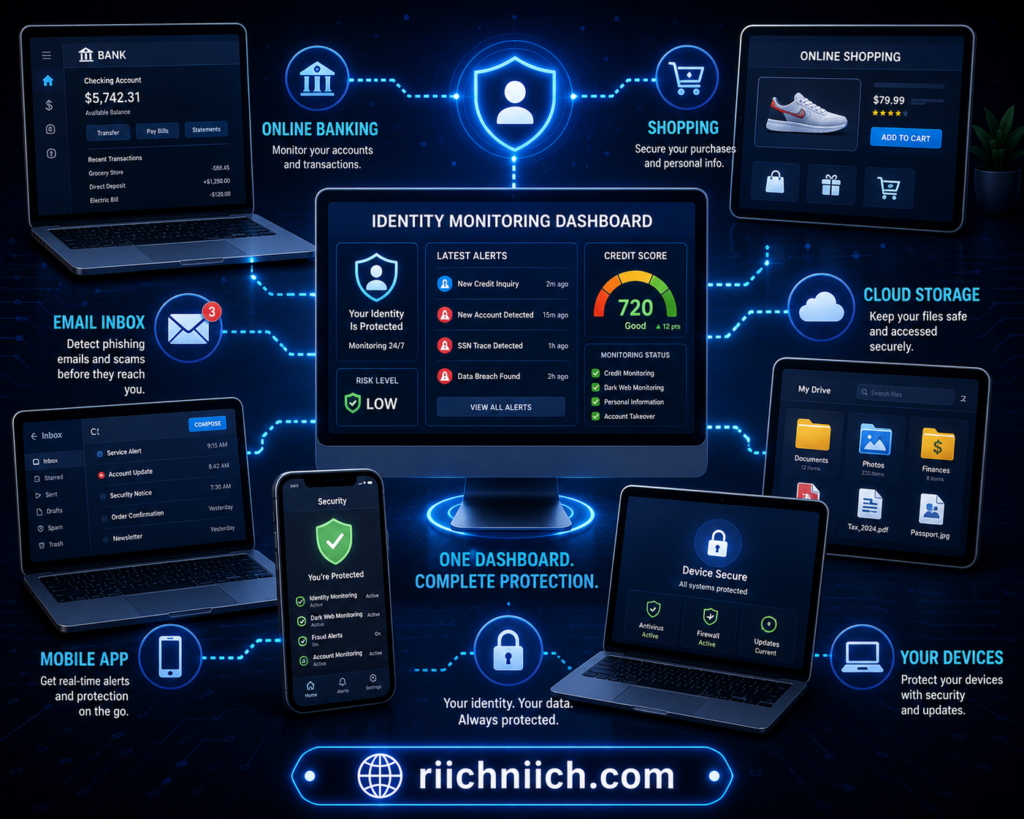 identity monitoring vs credit monitoring: Complete identity protection dashboard visualization