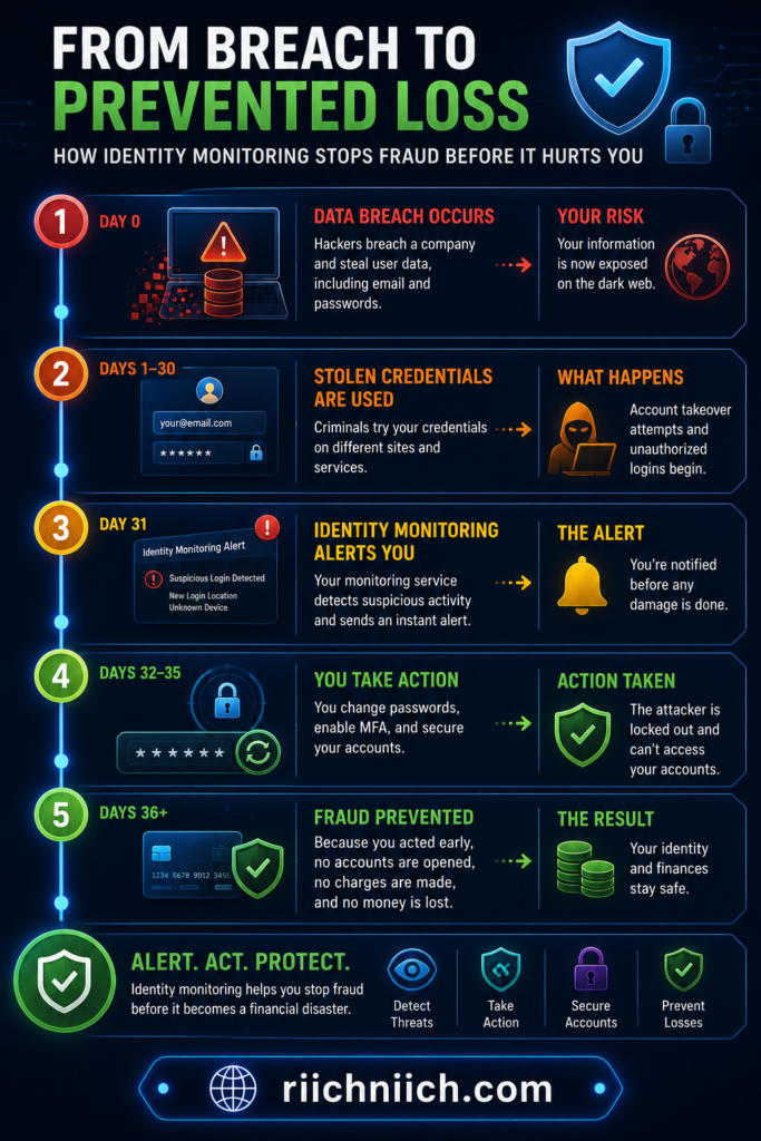 identity monitoring vs credit monitoring: Identity protection flow chart infographic
