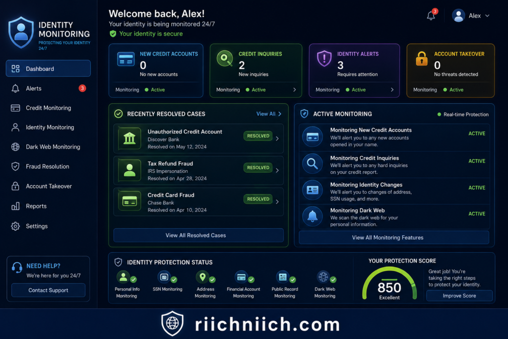how to tell if someone opened an account in your name: Identity monitoring dashboard interface