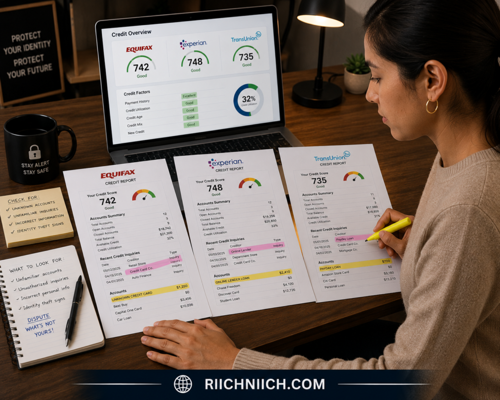 identity theft recovery checklist: Analyzing credit reports in home office