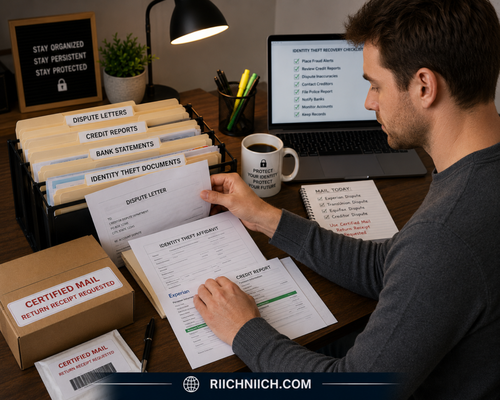 identity theft recovery checklist: Organized identity protection and recovery workspace