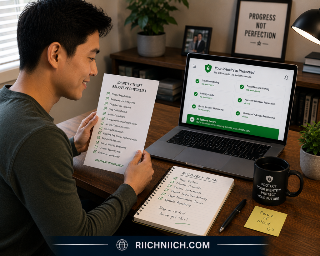 identity theft recovery checklist: Recovery in progress at home office