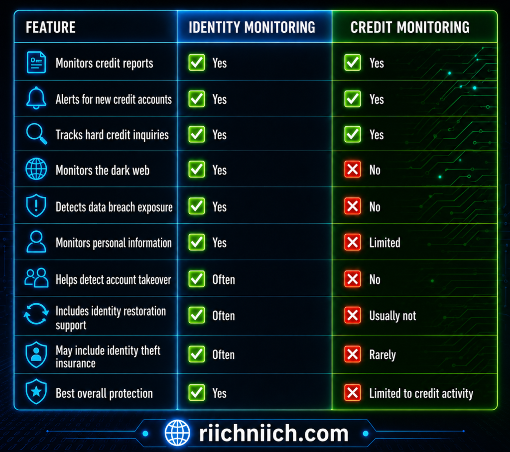identity monitoring vs credit monitoring: Cybersecurity comparison chart with neon accents