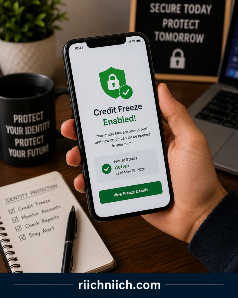 what happens if someone has your social security number: Credit freeze confirmation on smartphone