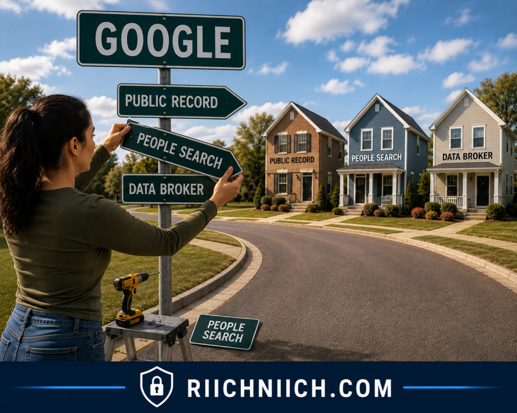 how to remove yourself from public records online: Woman Adjusts Data Privacy Street Signs