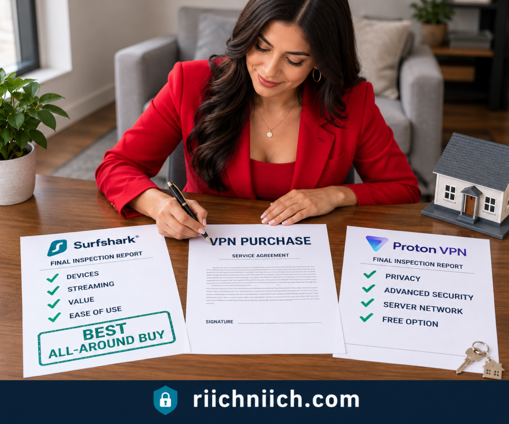 Surfshark vs ProtonVPN: Woman Signing a VPN Purchase Agreement