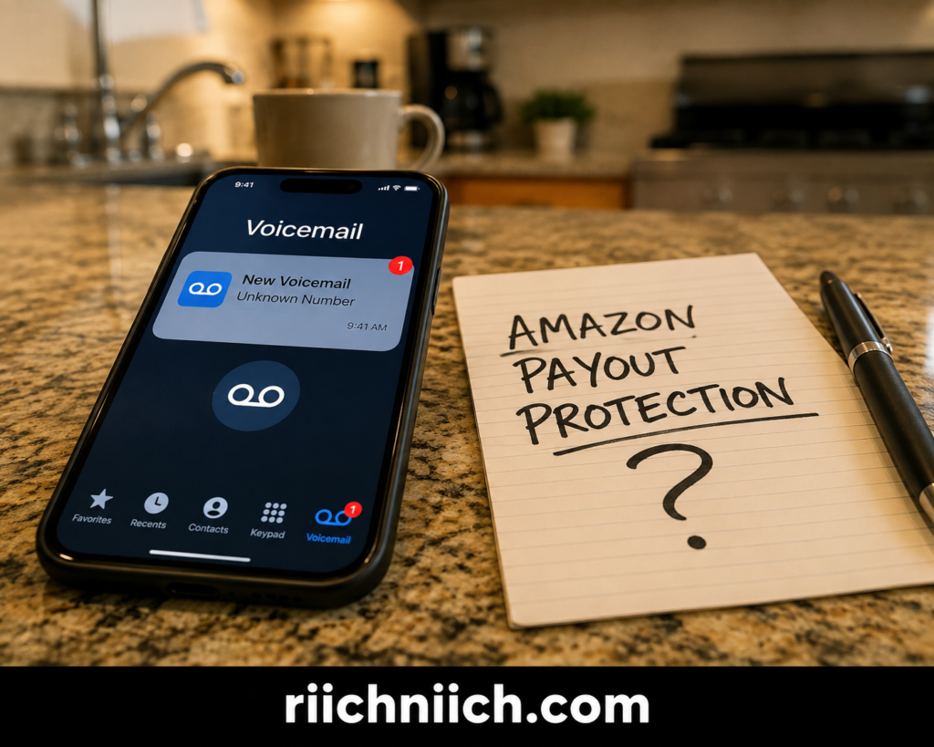 amazon payout protection scam: Voicemail Alert on Kitchen Counter