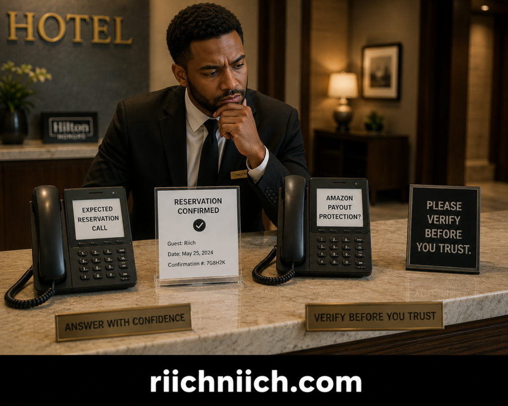 amazon payout protection scam: Thoughtful Concierge at the Hotel Desk
