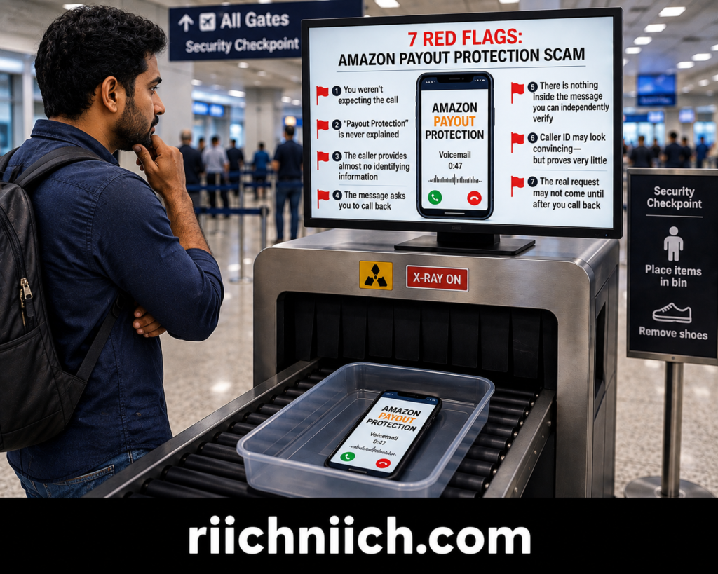 amazon payout protection scam: Airport Scam Warning at Security