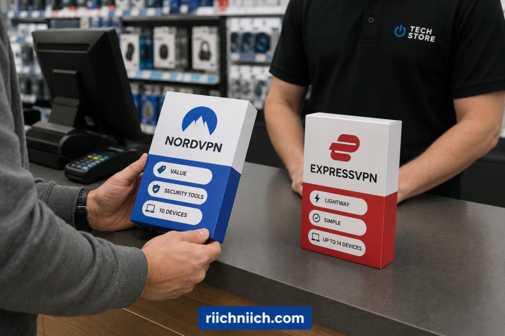 NordVPN vs ExpressVPN: VPN Product Comparison at Tech Store Counter