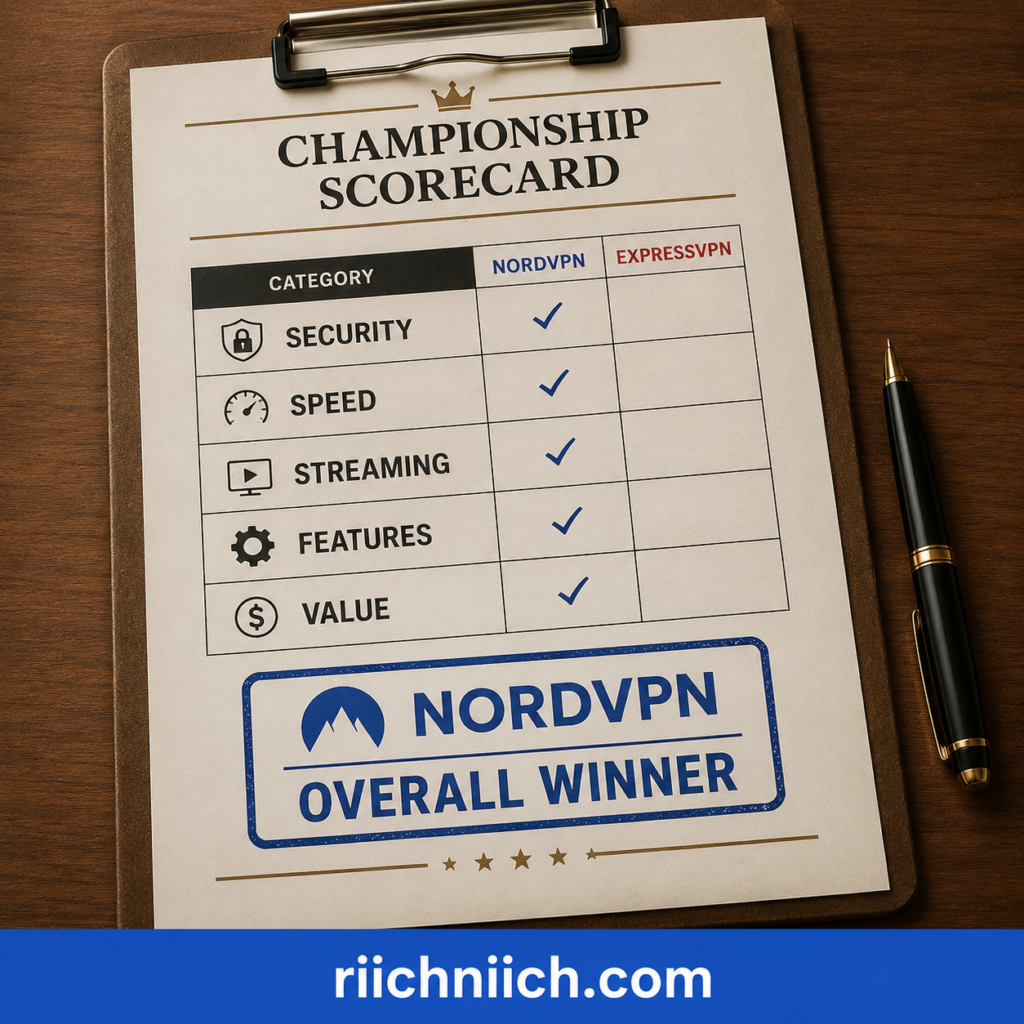 NordVPN vs ExpressVPN: Championship Scorecard Desk Scene