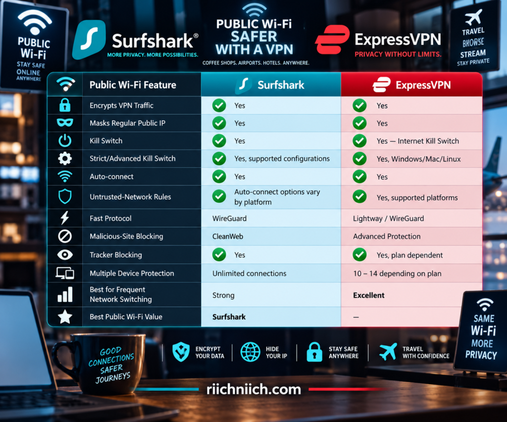 surfshark vs expressvpn: Public Wi-Fi VPN Feature Showdown
