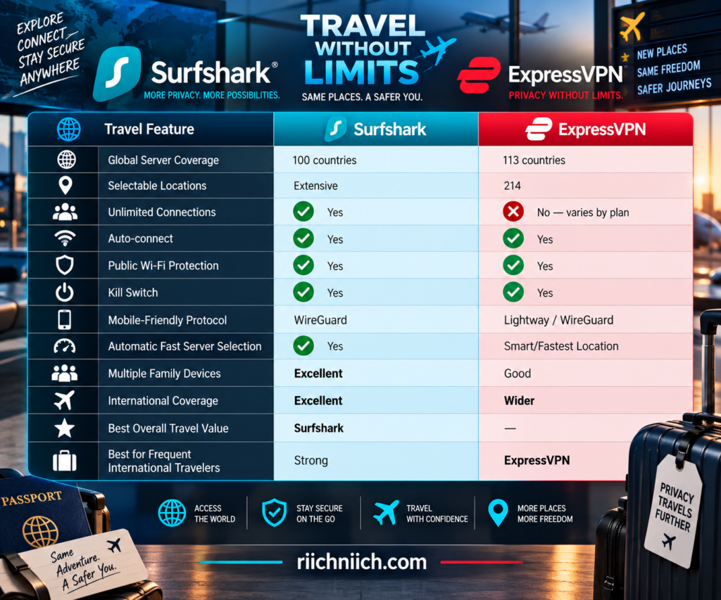 surfshark vs expressvpn: Travel VPN Comparison Infographic
