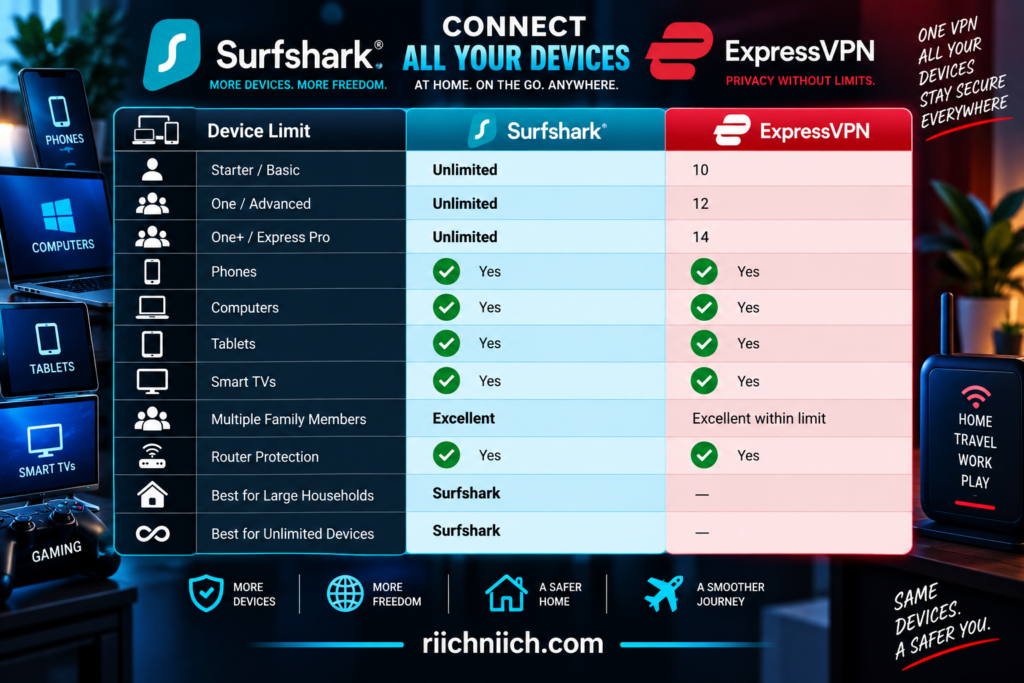 surfshark vs expressvpn: Surfshark vs ExpressVPN Device Limits