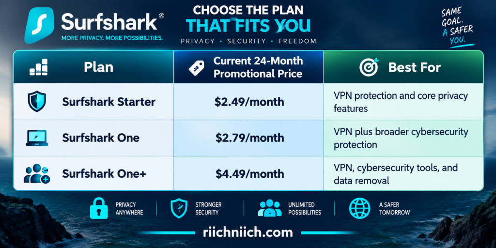 surfshark vs expressvpn: Surfshark Plan Comparison Infographic