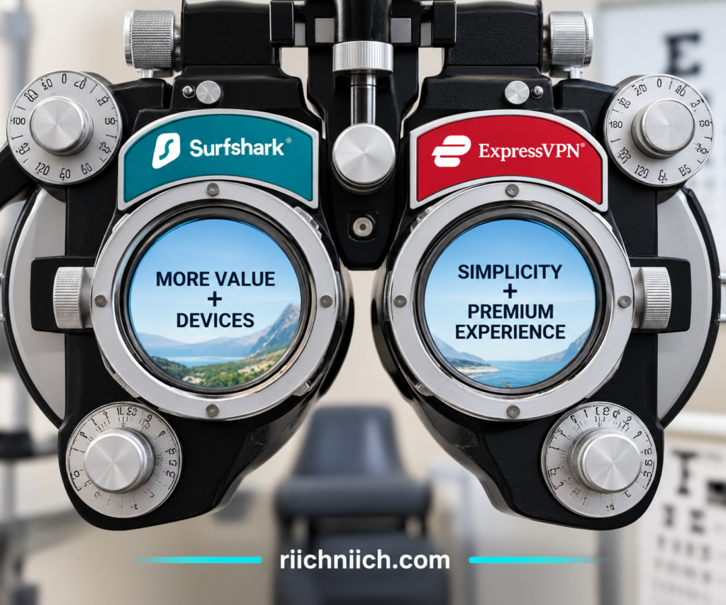 Surfshark vs ExpressVPN: Phoropter VPN Comparison Graphic
