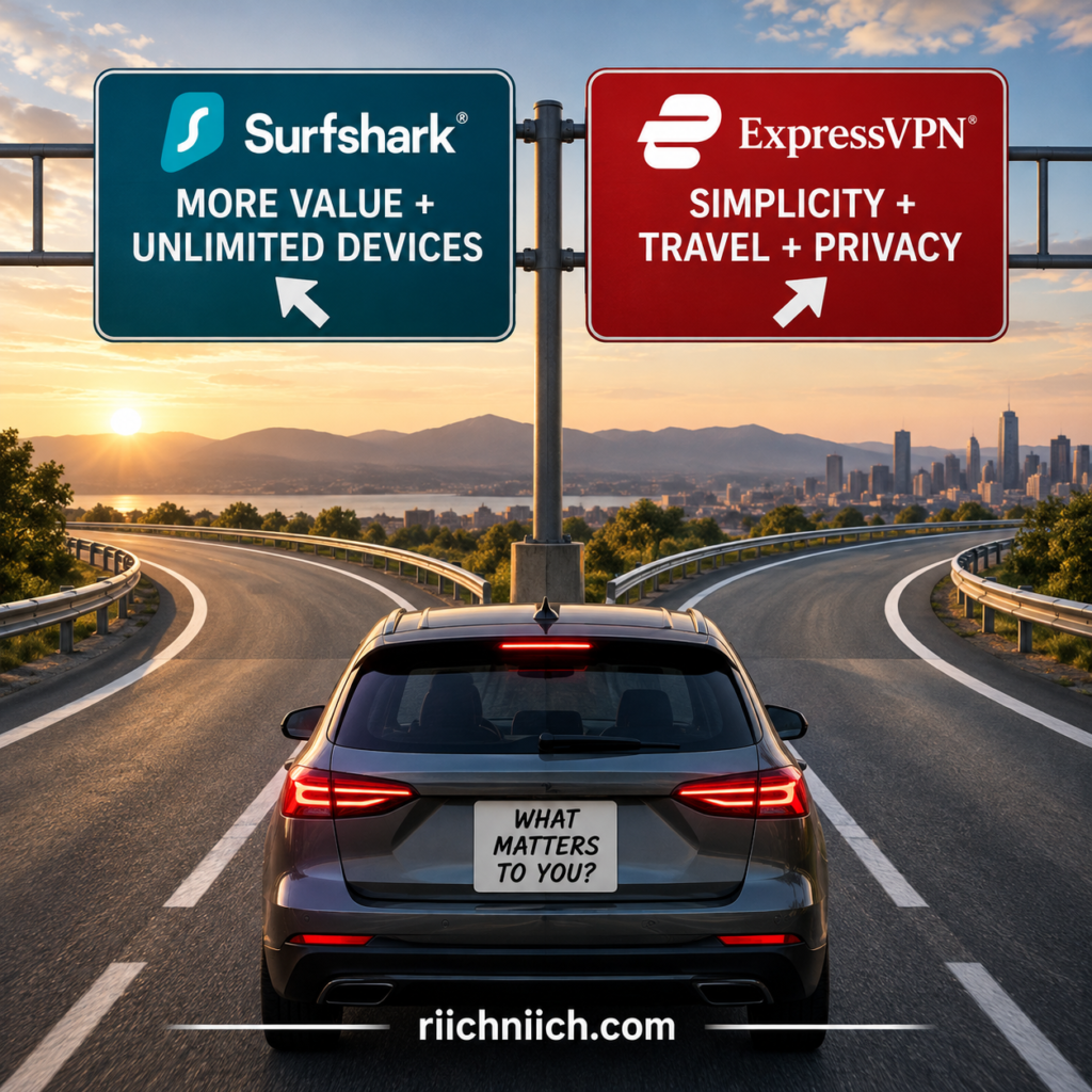 surfshark vs expressvpn: VPN Comparison Roadway at Sunset