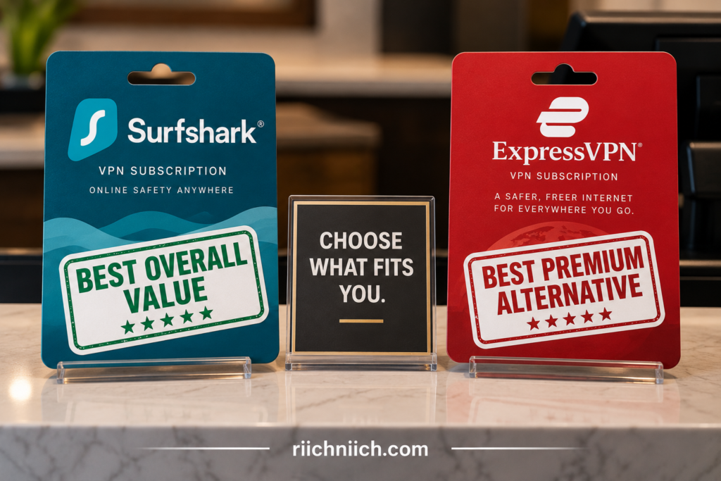 surfshark vs expressvpn: VPN Subscription Comparison Display